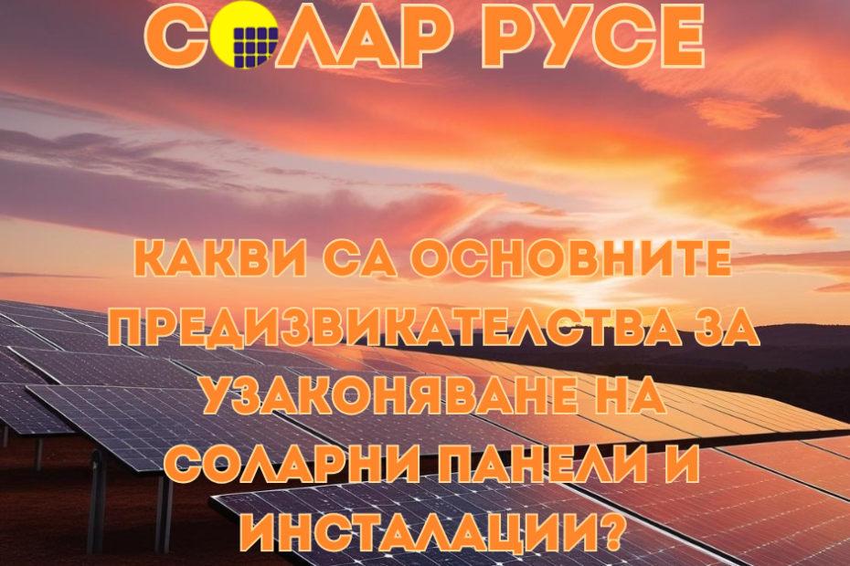 Соларен панел разположен на поляна, в залез, с текст - "Солар Русе" и "Какви са основните предизвикателства за узаконяването на соларни панели и инсталации."