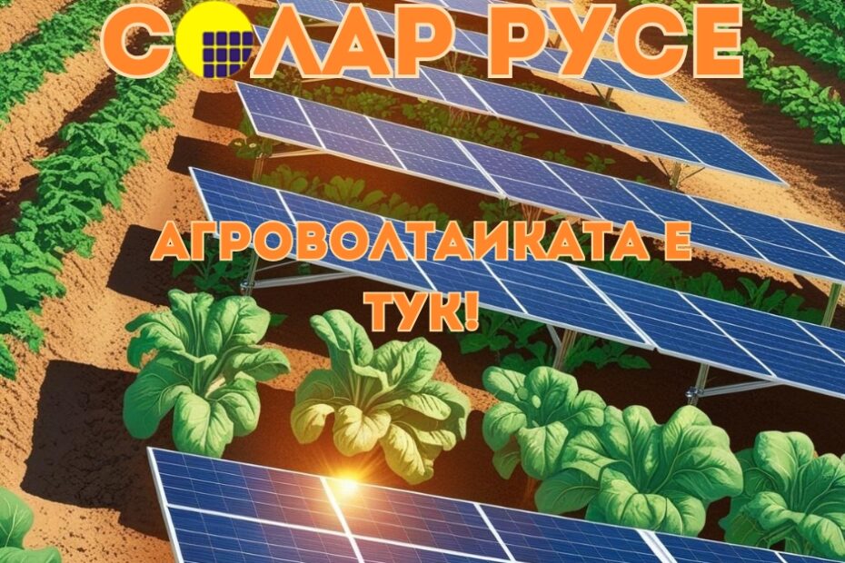 Панели разположени върху нива , с текст "Солар Русе" и "Агроволтаиката е тук!"